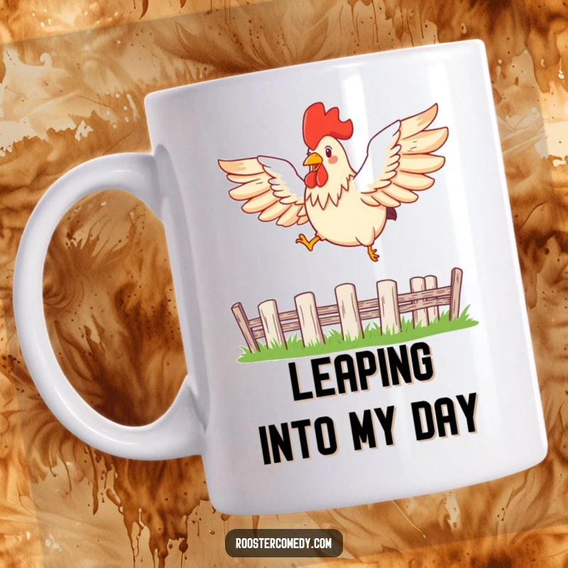 Funny rooster mug depicting a bird with wings spread wide, leaping energetically over a small fence.
