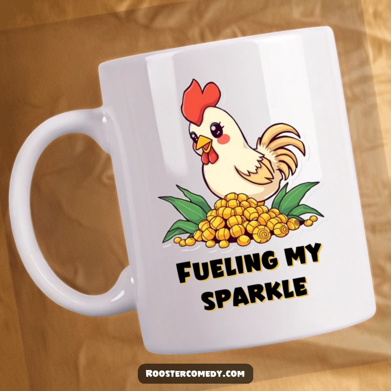 Funny Mug featuring a small rooster with bright, sparkling eyes, enthusiastically pecking at a pile of golden corn kernels.