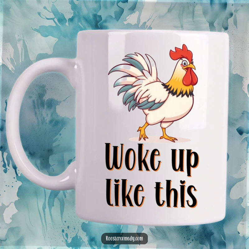 Funny mug showcasing a strutting rooster with an exaggeratedly large and impressive comb, exuding comical confidence.