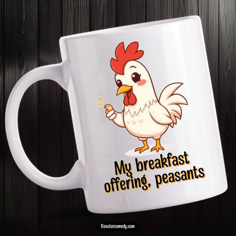 Funny Rooster Mug: Smiling rooster with a cheerful grin offers a tiny worm with a fancy flourish, a humorous farm gift.