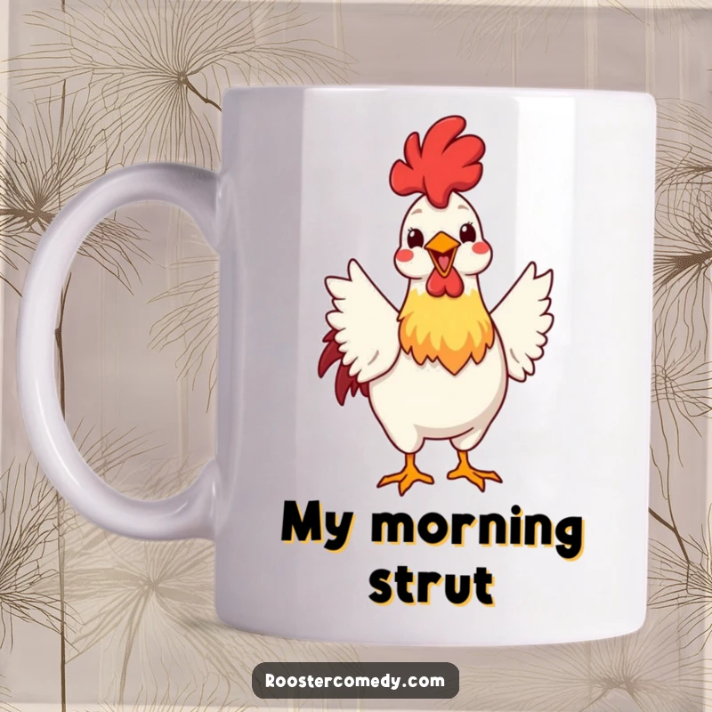 Funny mug depicting a rooster enthusiastically fanning its vibrant tail feathers with a wide, confident grin, showcasing its proud display.
