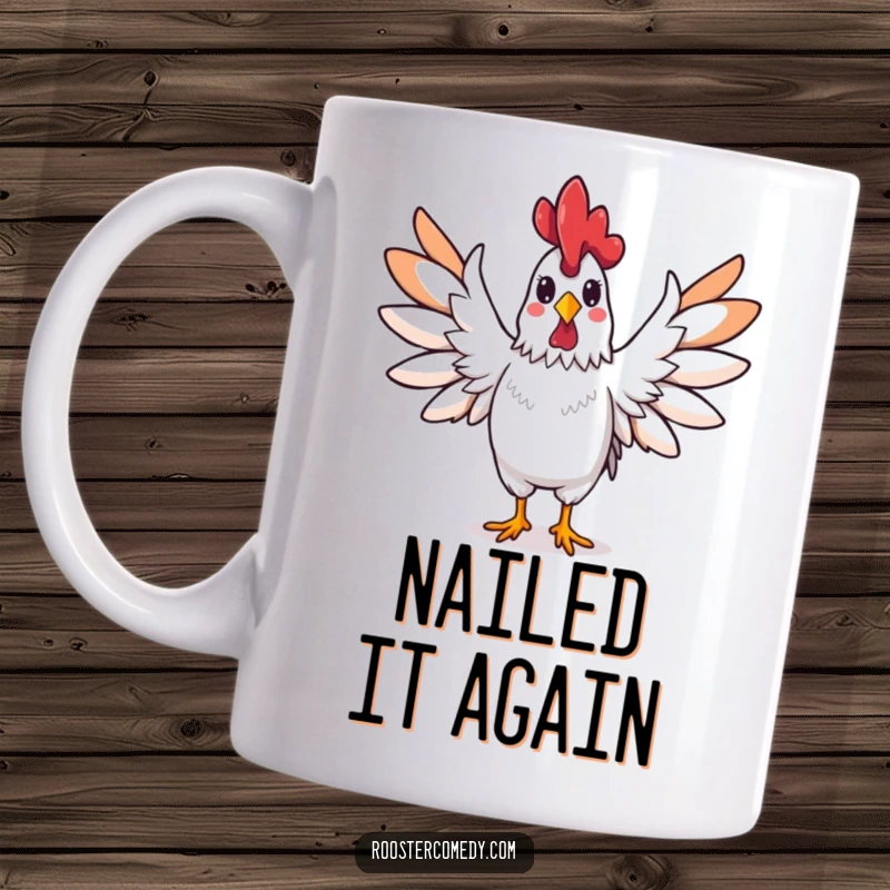 Funny rooster mug, a rooster spreading its wings wide in a triumphant gesture, symbolizing victory and pride.