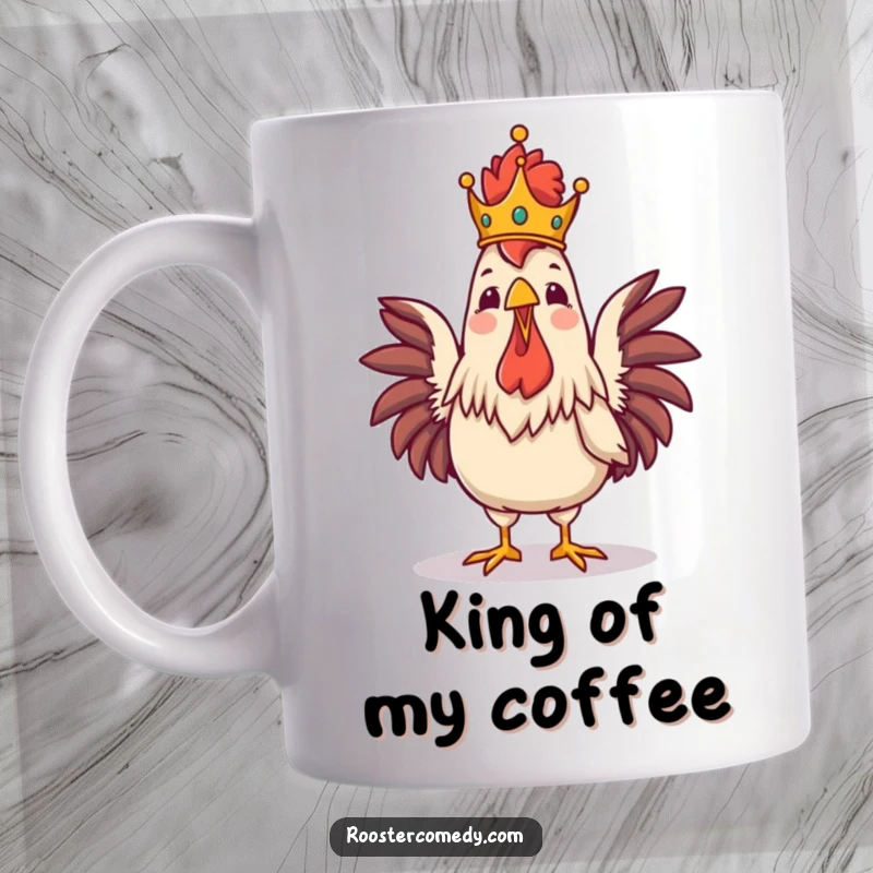 Funny Royal Rooster Crowing Mug, proud rooster wearing a tiny crown, joyful bird singing, majestic and funny gift for bird lovers.