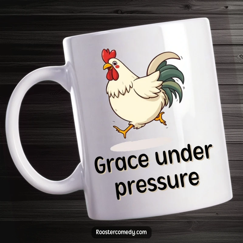 Funny rooster mug showing a bird comically tripping over its own feet while attempting to hop with a surprised expression.