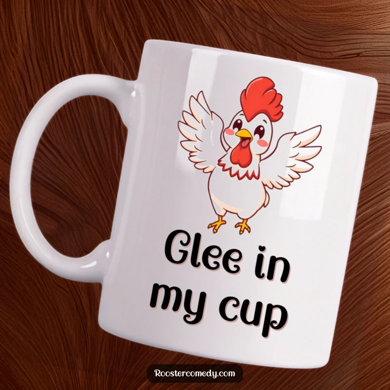Funny Kawaii rooster flapping its wings with pure energetic glee, celebrating joy on a ceramic mug.