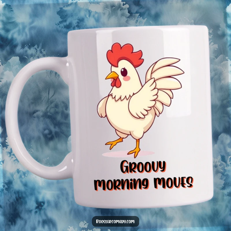Funny Kawaii Rooster Mug: A cute rooster energetically dancing with wings flapping, radiating pure silliness. A delightful funny gift.
