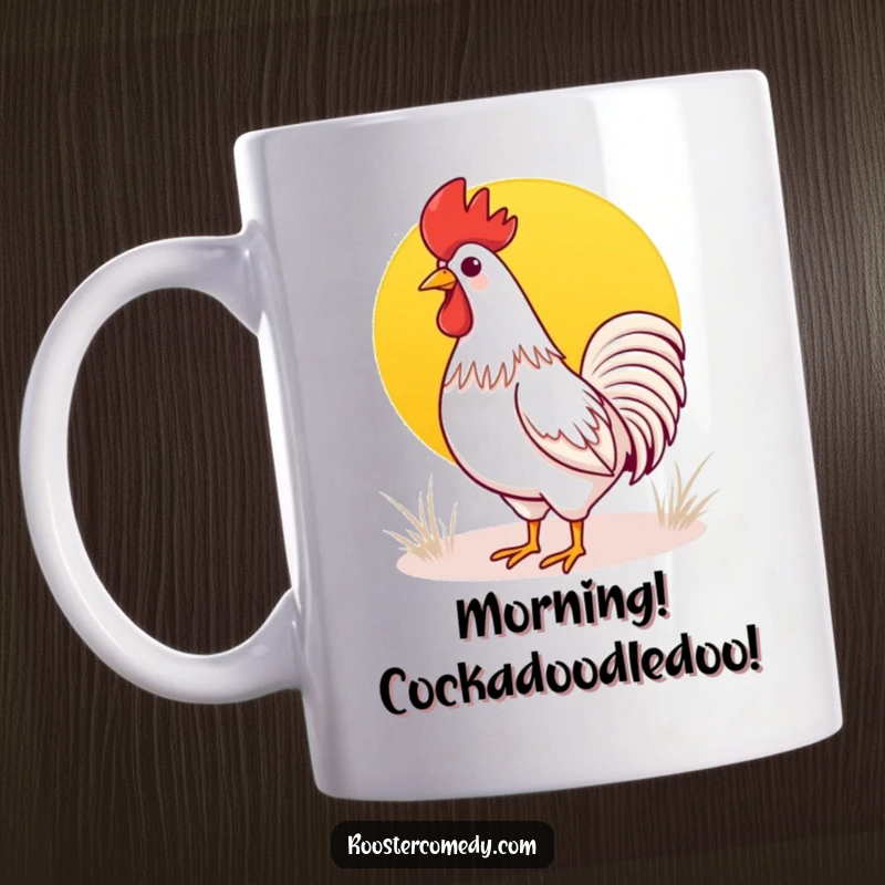 Funny Kawaii rooster mug depicting a cute rooster crowing joyfully at a vibrant sunrise, symbolizing a cheerful start to the day.