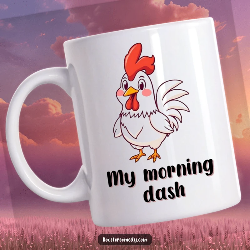 Funny Rooster mug depicting a rooster in a race with a wide, goofy grin, full of playful energy and lighthearted mischief.