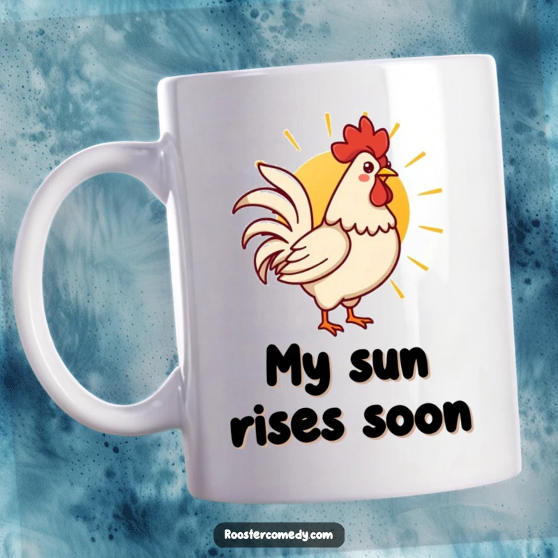 Funny Kawaii rooster proudly crowing at a bright rising sun, bringing joy to a coffee mug.