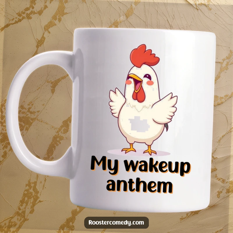 Funny Rooster mug depicting a cheerful bird joyfully crowing with its beak wide open, embodying pure happiness and morning energy.