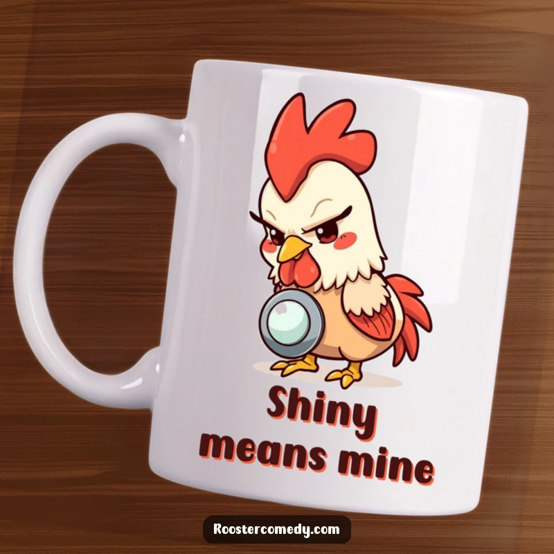 Funny rooster mug, a rooster with a mischievous glint pecking at a shiny button, capturing playful curiosity.