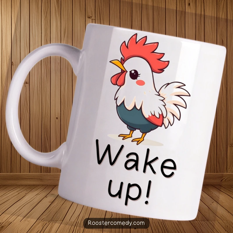 Funny kawaii rooster mug, a cute bird with a spiky crown crowing loudly, perfect for a funny gift.
