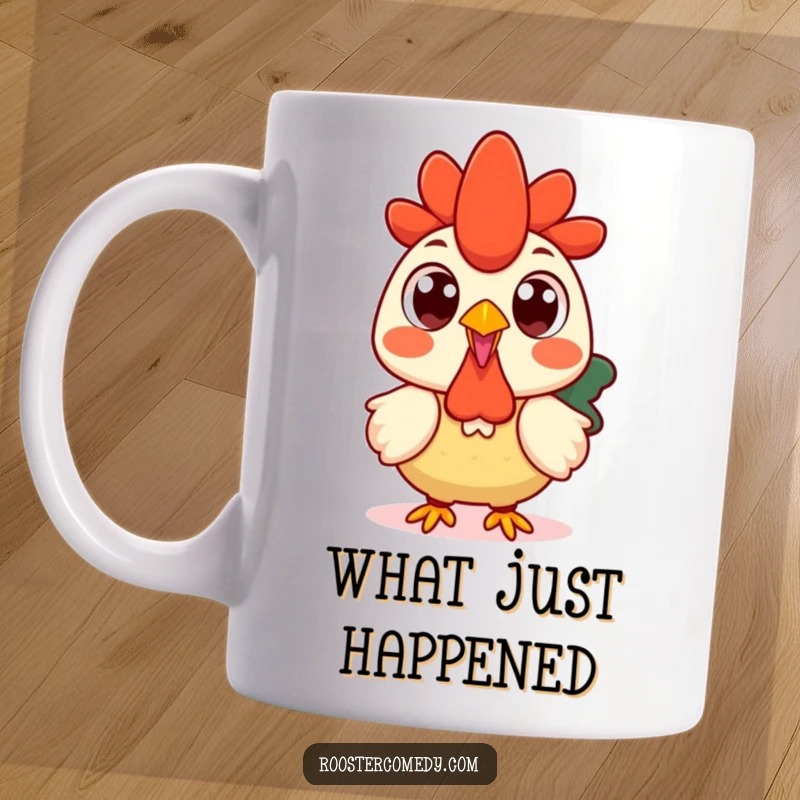 Funny Kawaii rooster mug showing a surprised rooster with wide, round eyes, looking shocked.