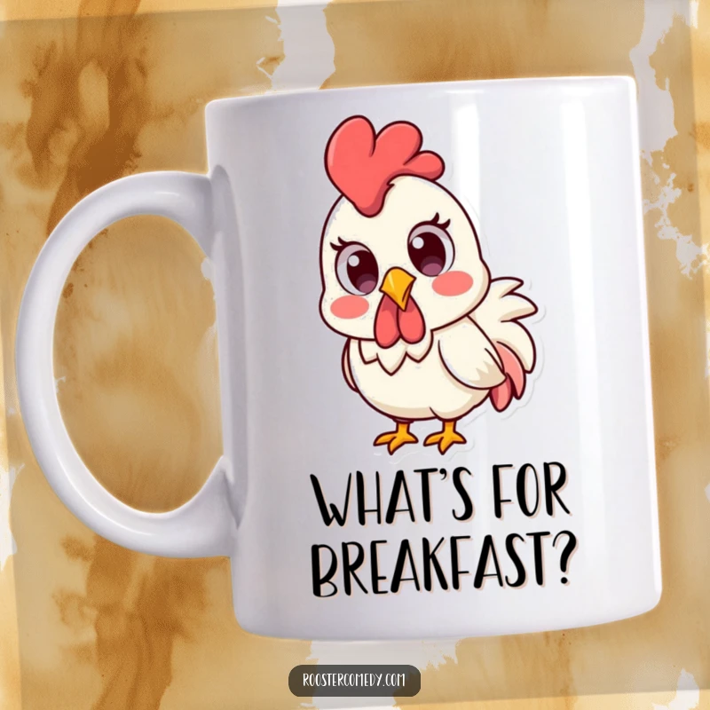 Funny Kawaii rooster with comically wide eyes, looking utterly surprised, on a ceramic mug.