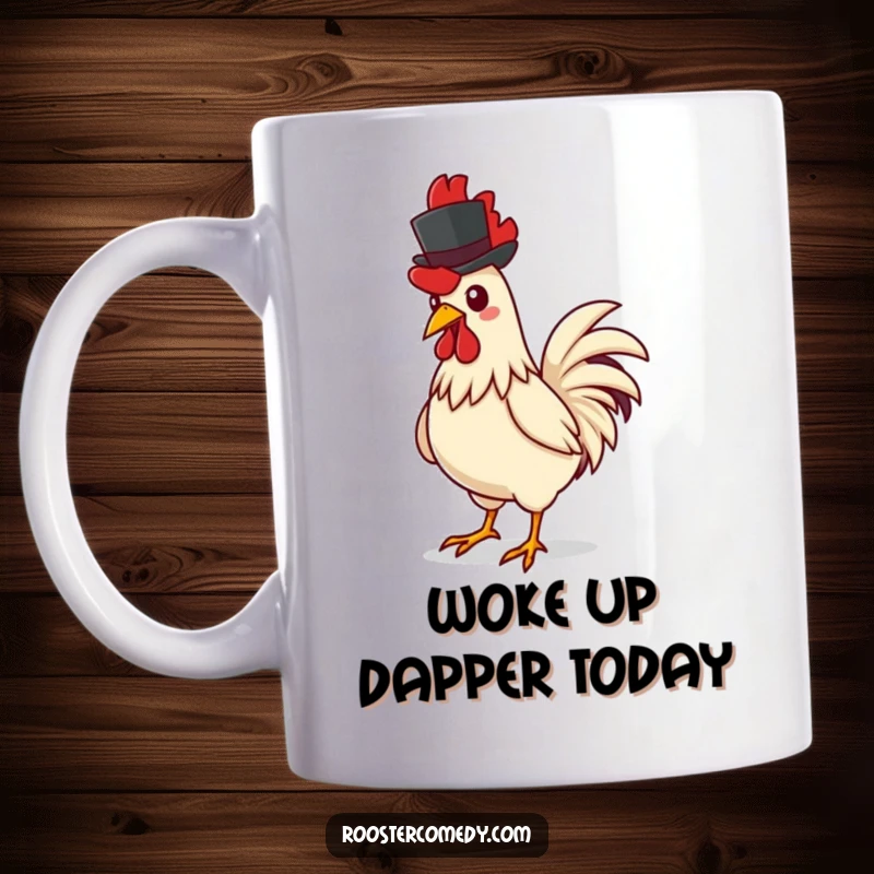 Funny rooster mug, confidently strutting forward with a distinguished air, proudly wearing a tiny, perfectly placed black top hat.