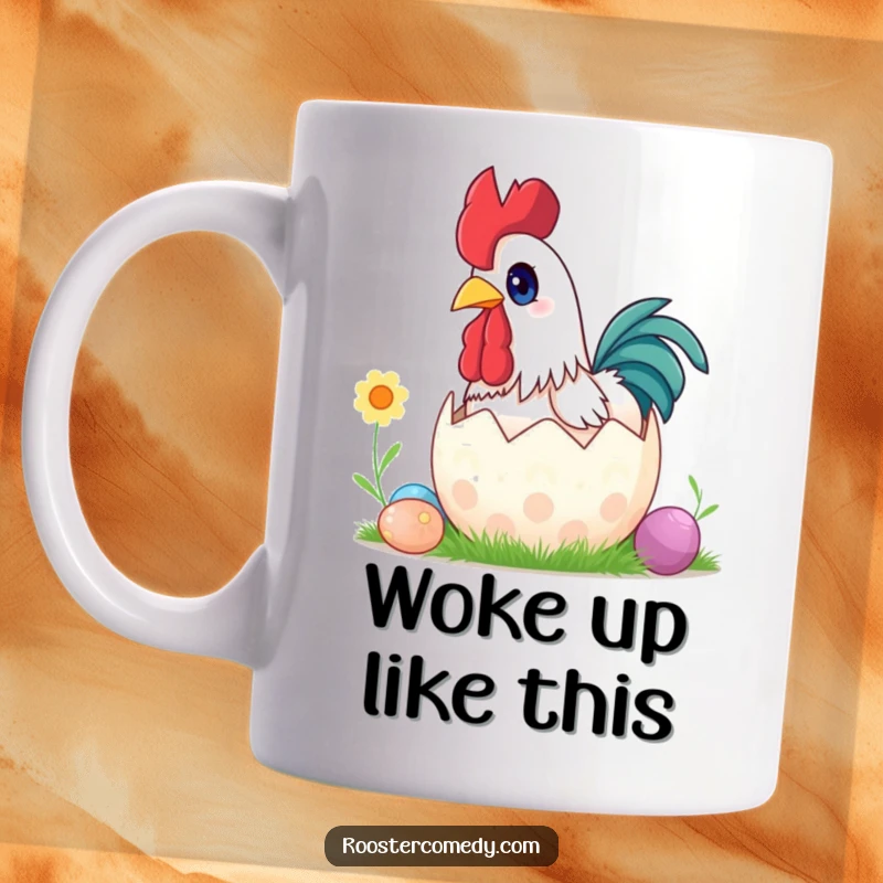 Funny surprise rooster Easter mug, wide eyes, popping out of egg, humorous spring design, great gift.