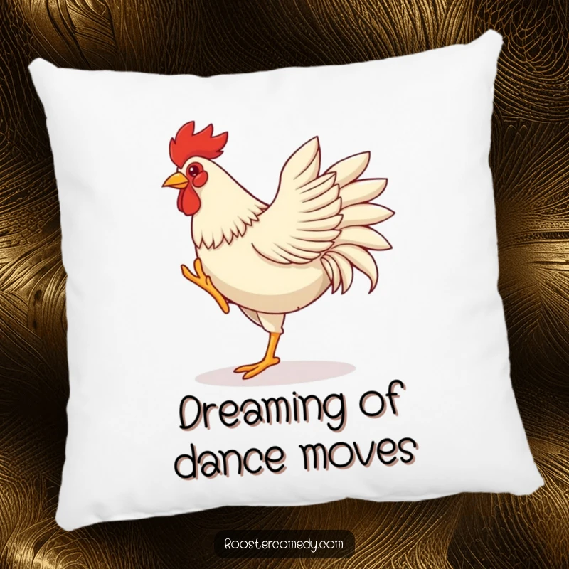 Funny rooster pillow, showing a rooster dancing with energetic leg kicks and wing flaps, adding a playful touch to home decor.