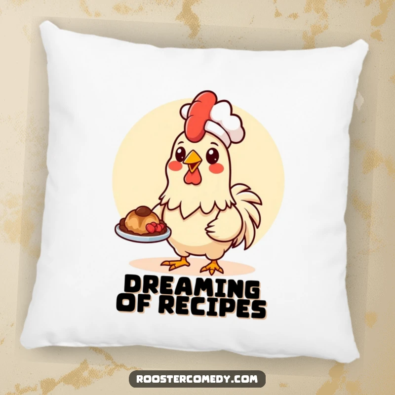 Funny Kawaii rooster wearing a chef hat, presenting food, on a decorative pillow.