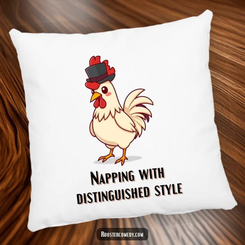 Funny rooster pillow, illustrating a rooster confidently strutting with a miniature top hat, adding a touch of whimsical charm.