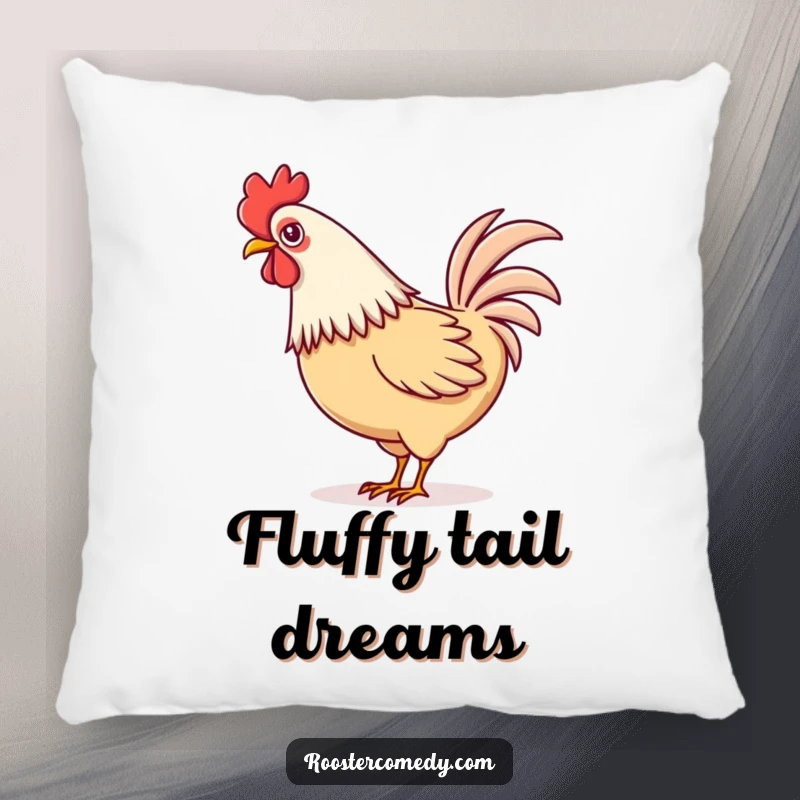 Funny Kawaii rooster pillow showing a cute rooster playfully wagging its colorful tail feathers.