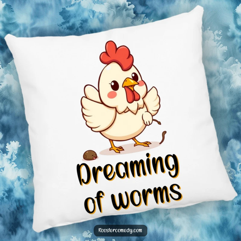 Funny Kawaii rooster pillow showing a cheerful rooster chasing a worm, perfect for cozying up.