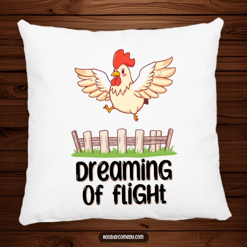 Funny leaping rooster pillow showing a bird with spread wings leaping over a fence, adding inspirational decor.