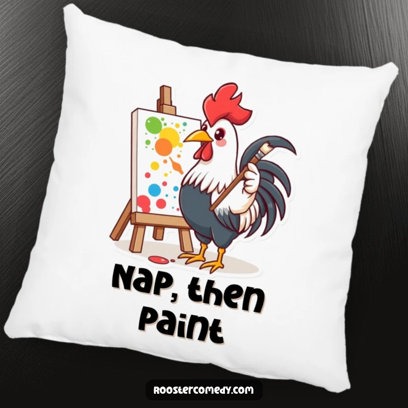 Funny pillow featuring an enthusiastic rooster painting, perfect for adding a creative and humorous touch.