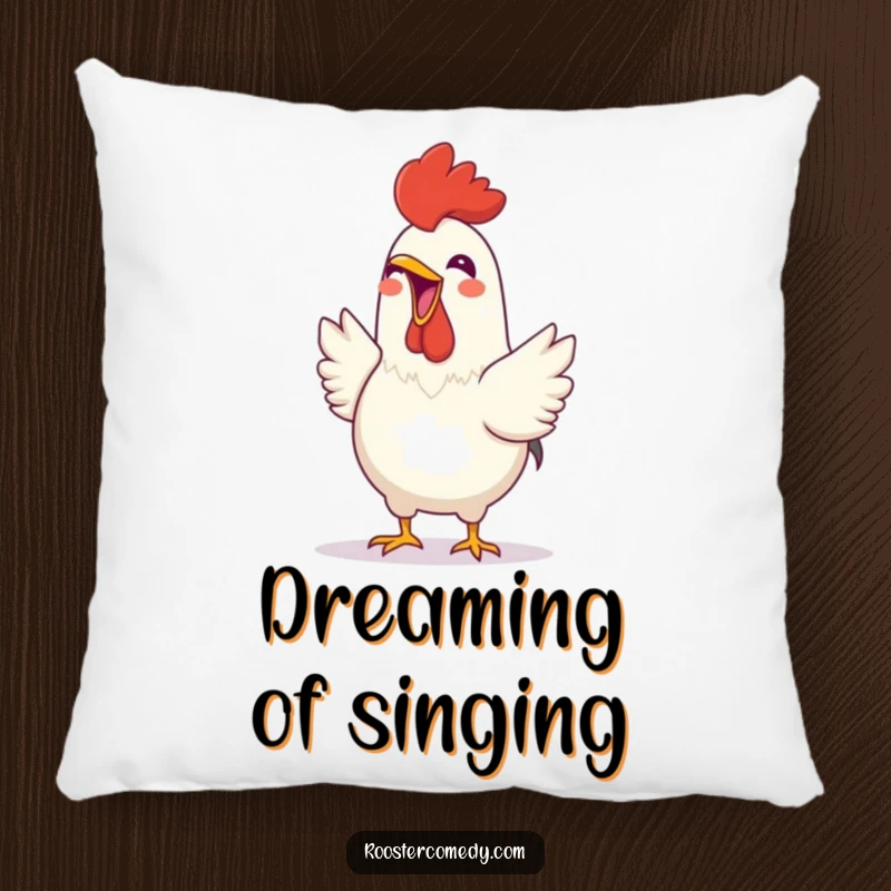 Funny Rooster pillow with a cheerful bird joyfully crowing with its beak open, adding a touch of happy energy to any room.