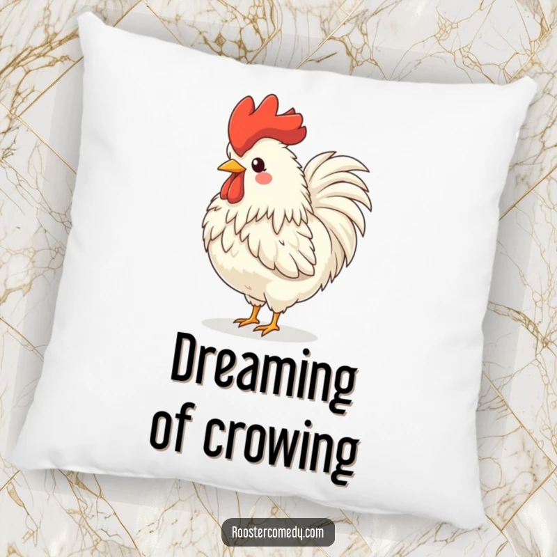 Funny rooster pillow, a fluffy bird with a big comb crowing with glee, head tossed back, adding farm humor.