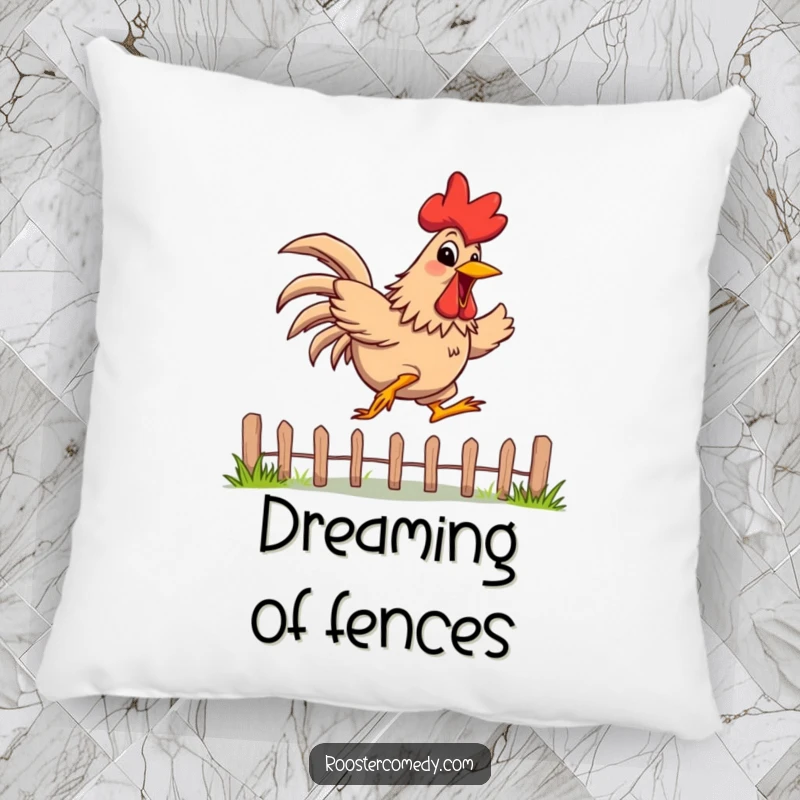 Funny Pillow featuring a rooster with a wide, energetic grin, jumping over a low fence, offering comfort and a humorous, active vibe.