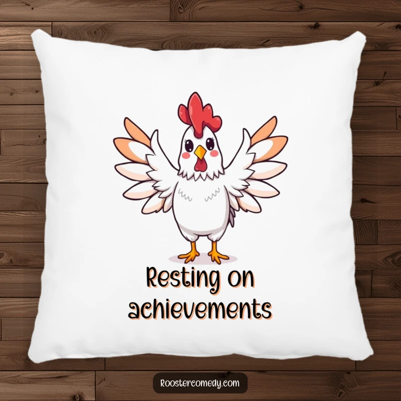 Funny rooster pillow, a rooster spreading its wings wide in a triumphant gesture, symbolizing victory and pride.