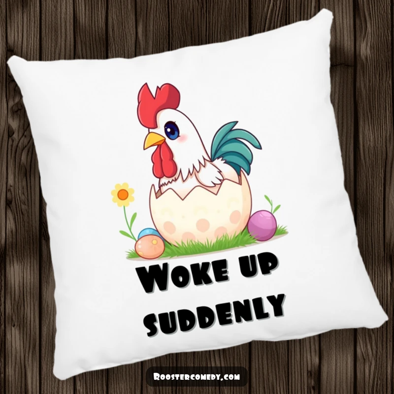Funny surprise rooster Easter pillow, wide eyes, popping out of egg, comfortable cushion, festive decor.