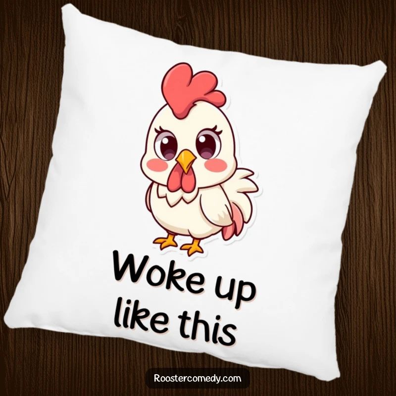 Funny Kawaii rooster with wide, surprised eyes, on a decorative pillow.