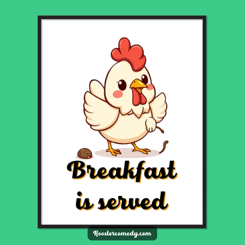 Funny Kawaii Rooster Worm Digital Art: Instant Cheerful Farm Decor