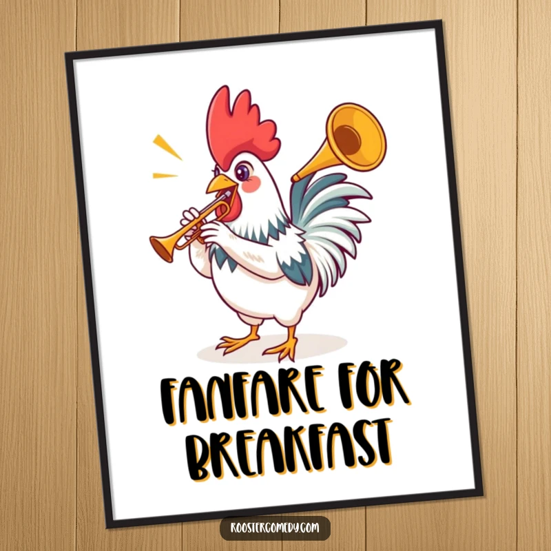 Funny rooster digital art print of a bird playing a tiny trumpet with energetic fanfare, ready to be framed.