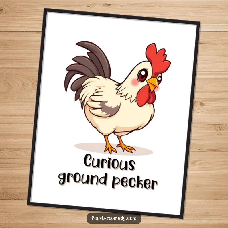Funny curious rooster digital art print, a charming artwork of a rooster with bright eyes pecking the ground.