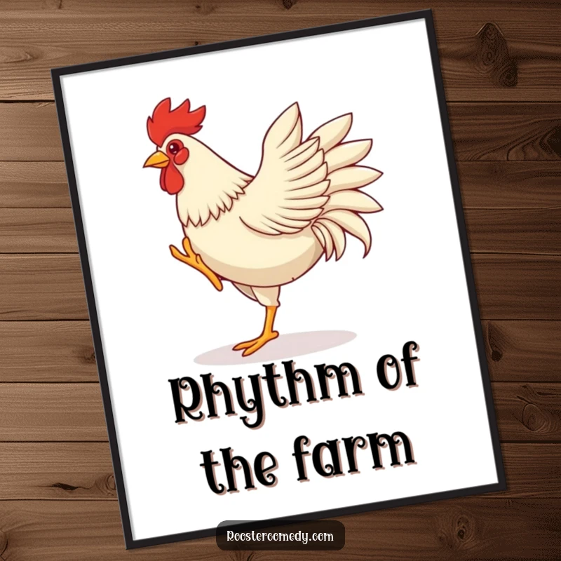 Funny rooster digital art print, showing a rooster dancing with energetic leg kicks and wing flaps, capturing pure, uninhibited joy.