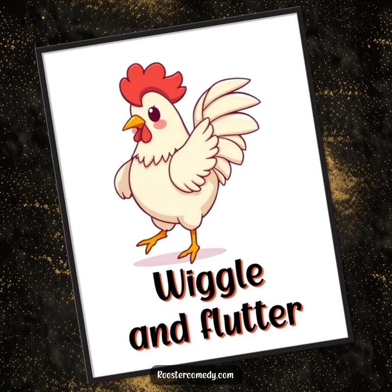 Funny Kawaii Rooster Digital Art Print: An illustration of a cute rooster dancing with wings flapping wildly. A perfect funny gift.