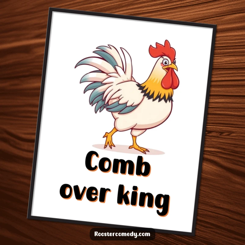 Funny digital art print of a rooster strutting proudly, its comb comically oversized and the central humorous element.