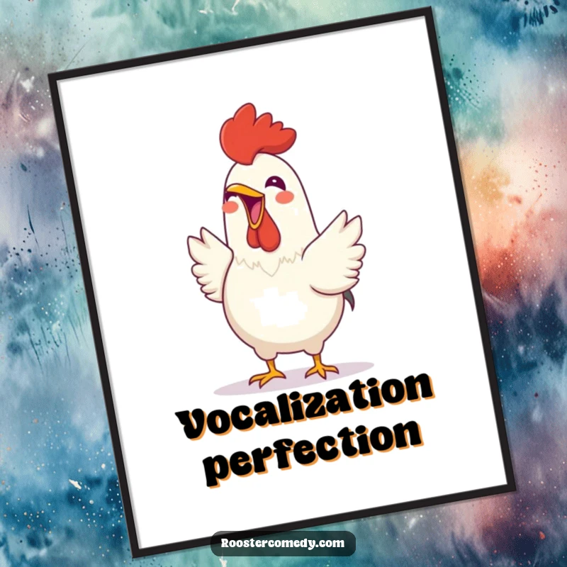 Funny Rooster digital art print of a cheerful bird joyfully crowing with its beak wide open, perfect for adding instant happiness.