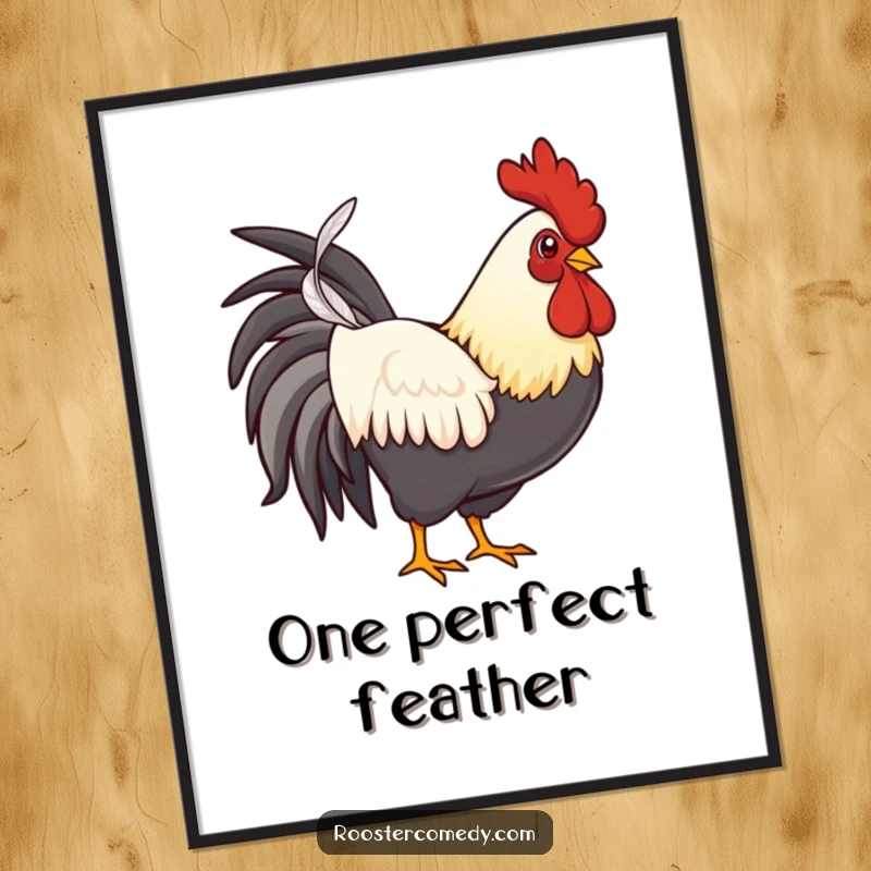 Funny proud rooster digital art print, a stylish artwork of a confident chicken presenting a single feather.