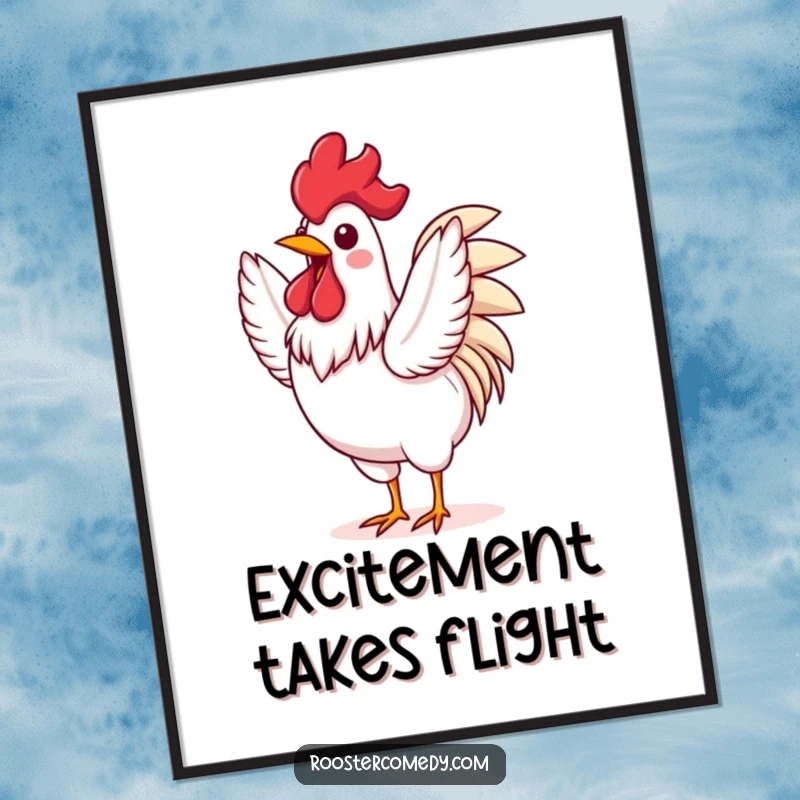 Funny Rooster digital art print of an excited bird flapping its wings vigorously, perfect for adding instant energy and fun.