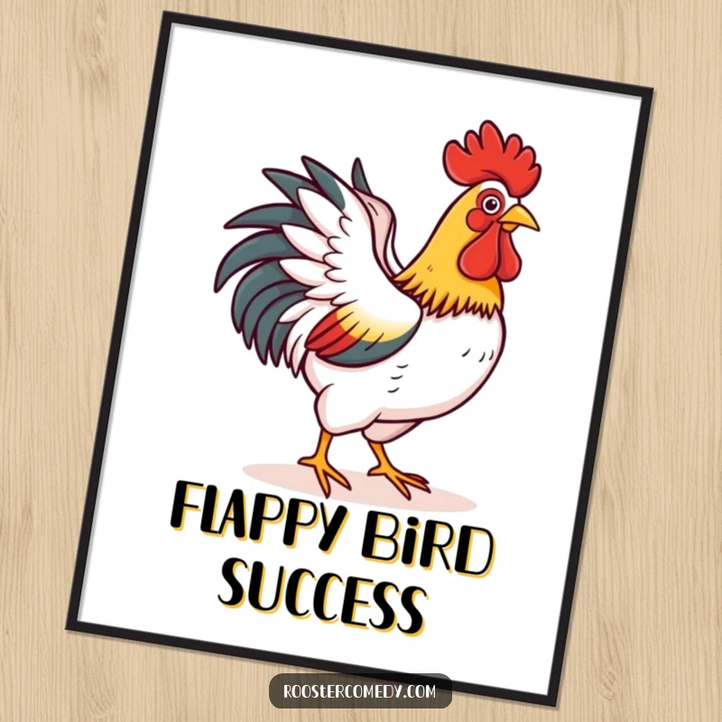 Funny digital art print of a rooster happily flapping its wings as if flying a short distance, perfect for optimistic and cheerful decor.