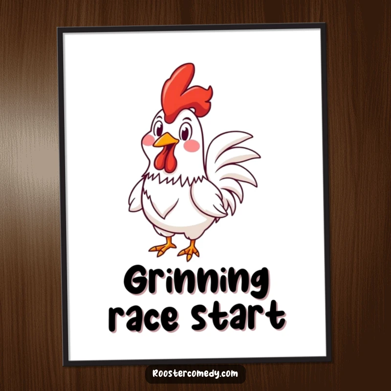 Funny Rooster digital art print of a rooster racing with an infectious goofy grin, perfect for adding instant fun and laughter.