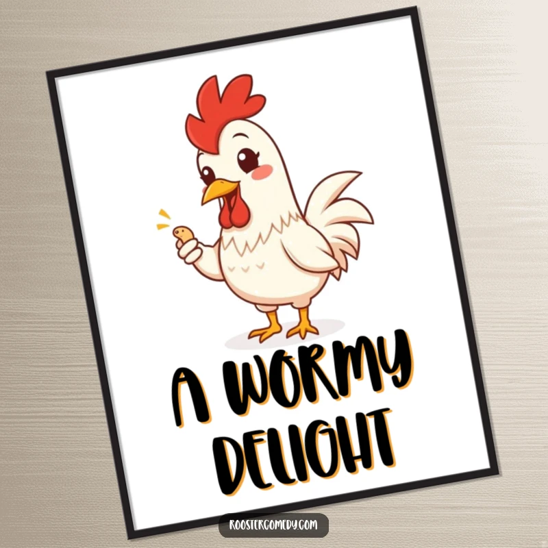 Funny Rooster Digital Art Print: High-resolution artwork of a smiling rooster offering a worm, humorous and easy to print.