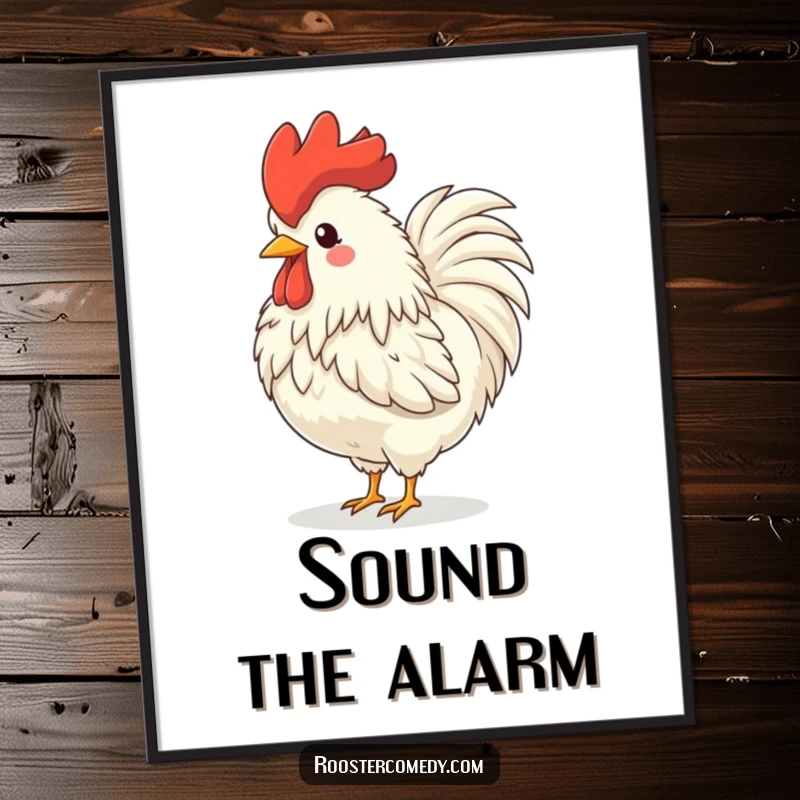 Funny rooster digital art print, a fluffy bird crowing joyfully, head back, capturing the essence of farm life.