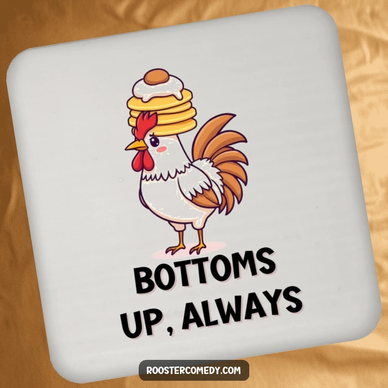 Funny pancake rooster coaster set, balancing pancakes on head, breakfast accessory, foodie decor, humorous home.