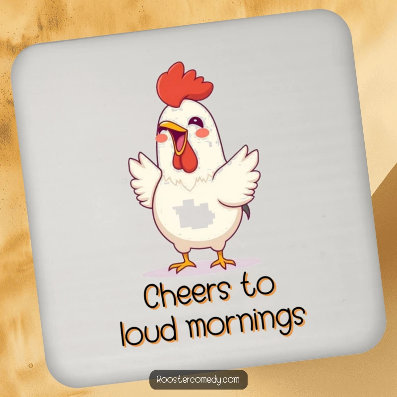 Funny Rooster coaster featuring a cheerful bird joyfully crowing with its beak open, adding happy vibes and surface protection.