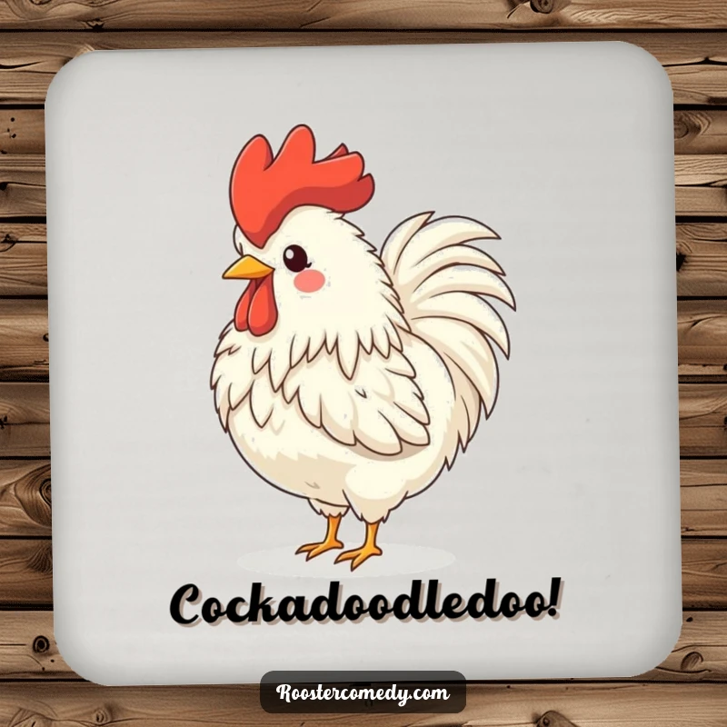 Funny rooster coasters, a fluffy bird crowing with glee, head tossed back, bringing farm humor to your drinks.
