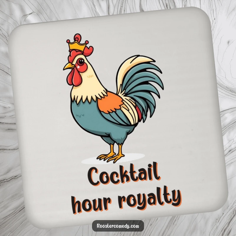 Funny Rooster coaster featuring a majestic bird wearing a small crown, protecting furniture with regal humor and style.